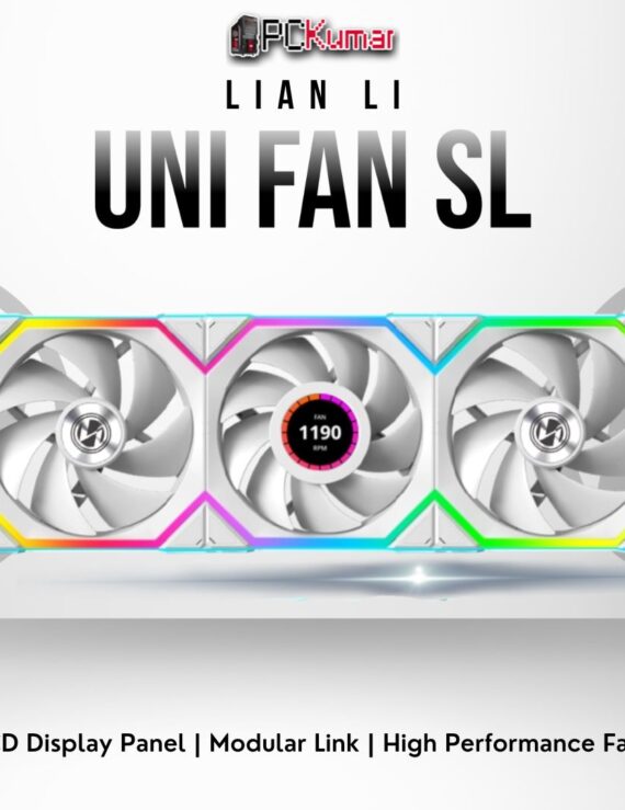 Lian Li UNI FAN SL Wireless LCD 120 triple pack in white with integrated LCD screen and cable-free modular design.