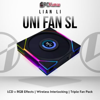 Lian Li UNI FAN SL Wireless LCD triple pack (black) delivering cable-free RGB, LCD data display, and strong cooling.
