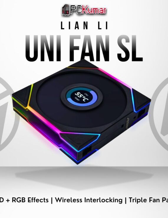 Lian Li UNI FAN SL Wireless LCD triple pack (black) delivering cable-free RGB, LCD data display, and strong cooling.