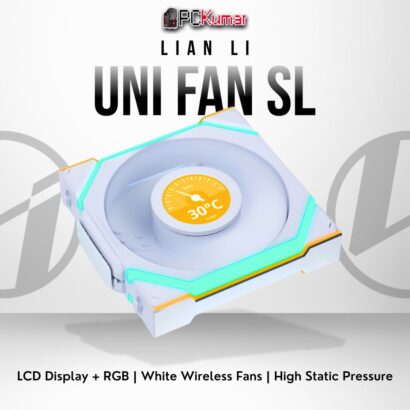 Lian Li UNI FAN SL Wireless LCD 120 triple pack (white) featuring addressable RGB, integrated LCD, and cable-free design.