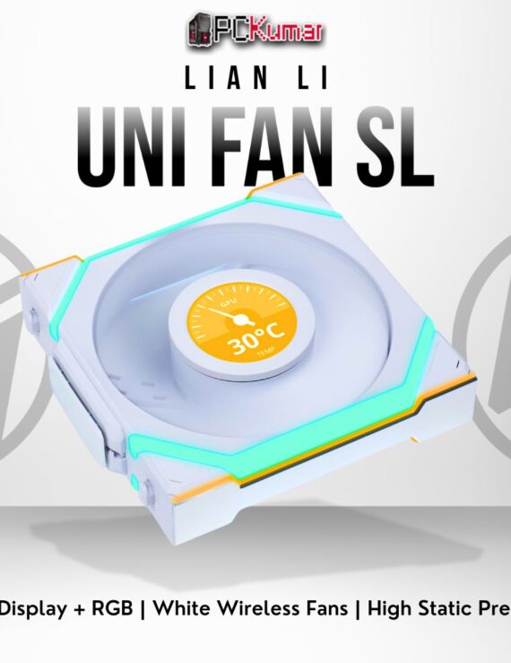 Lian Li UNI FAN SL Wireless LCD 120 triple pack (white) featuring addressable RGB, integrated LCD, and cable-free design.