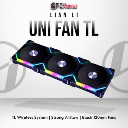 Lian Li UNI FAN TL Wireless 120 triple pack in black, featuring modular snap-in design and addressable RGB lighting.