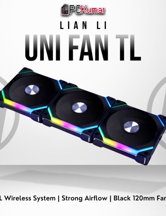 Lian Li UNI FAN TL Wireless 120 triple pack in black, featuring modular snap-in design and addressable RGB lighting.