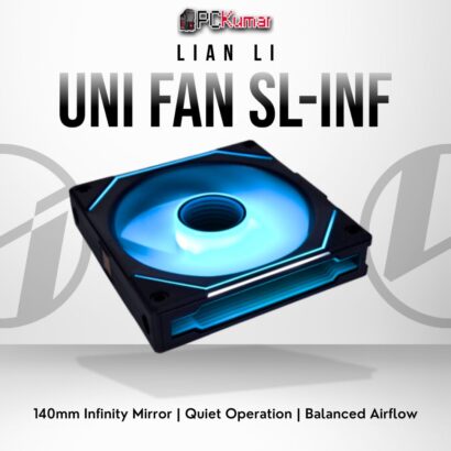 Lian Li SL-INF 140mm black fan featuring an infinity mirror RGB effect and optimized blade design for silent cooling.