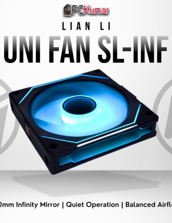 Lian Li SL-INF 140mm black fan featuring an infinity mirror RGB effect and optimized blade design for silent cooling.