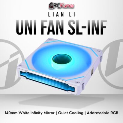 Lian Li SL-INF 140mm white fan highlighting infinity mirror lighting and efficient airflow for system cooling.