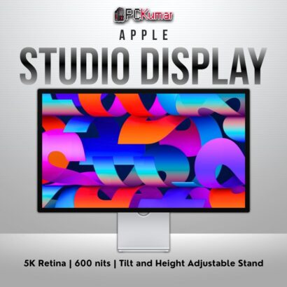 Apple Studio Display (standard glass) with 27-inch 5K panel, tilt and height-adjustable stand.