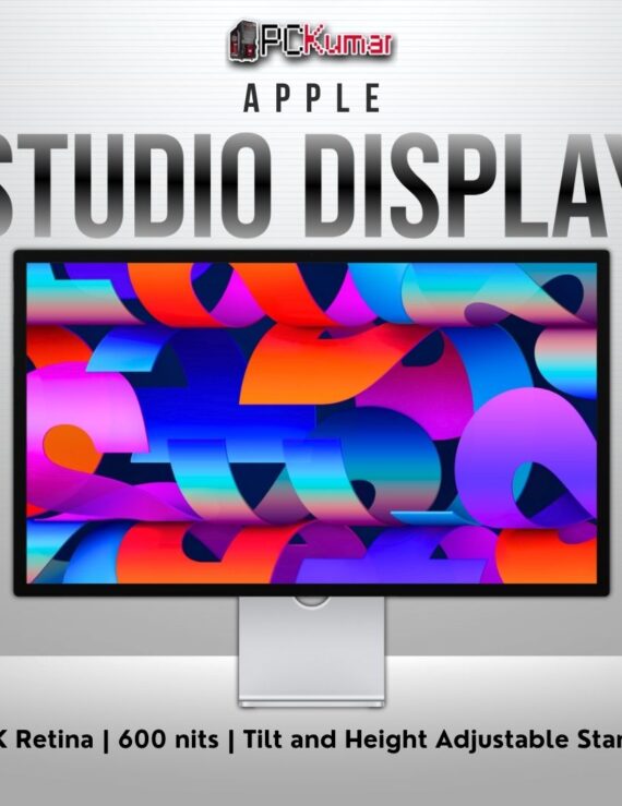 Apple Studio Display (standard glass) with 27-inch 5K panel, tilt and height-adjustable stand.