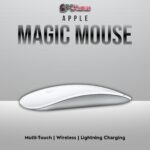 White Magic Mouse featuring a multi-touch surface, rechargeable battery, and wireless connection.