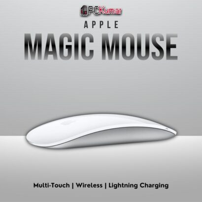 White Magic Mouse featuring a multi-touch surface, rechargeable battery, and wireless connection.