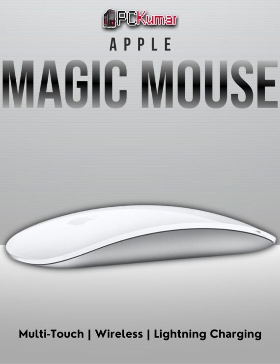 White Magic Mouse featuring a multi-touch surface, rechargeable battery, and wireless connection.