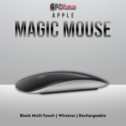 Black Magic Mouse featuring multi-touch surface, built-in battery, and Bluetooth.