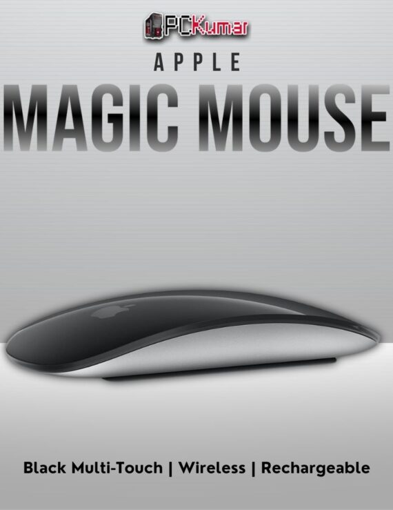 Black Magic Mouse featuring multi-touch surface, built-in battery, and Bluetooth.
