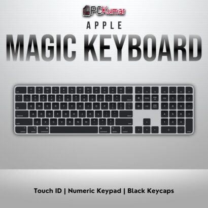 Magic Keyboard with black keys, numeric keypad, Touch ID for Apple silicon Macs.