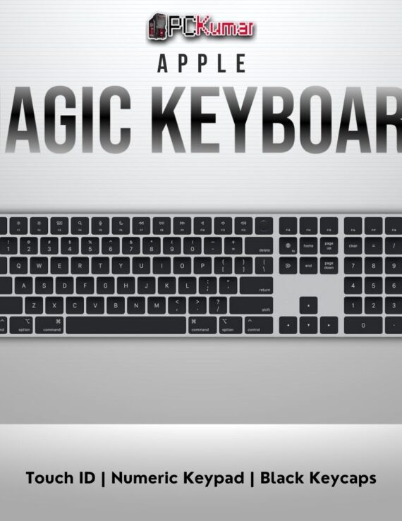 Magic Keyboard with black keys, numeric keypad, Touch ID for Apple silicon Macs.