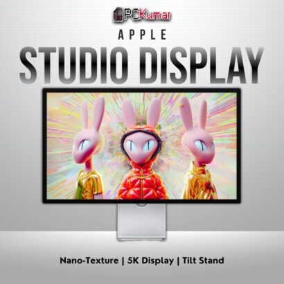 Nano-texture Apple Studio Display, tilt-adjustable stand, 27-inch 5K panel with A13 chip.