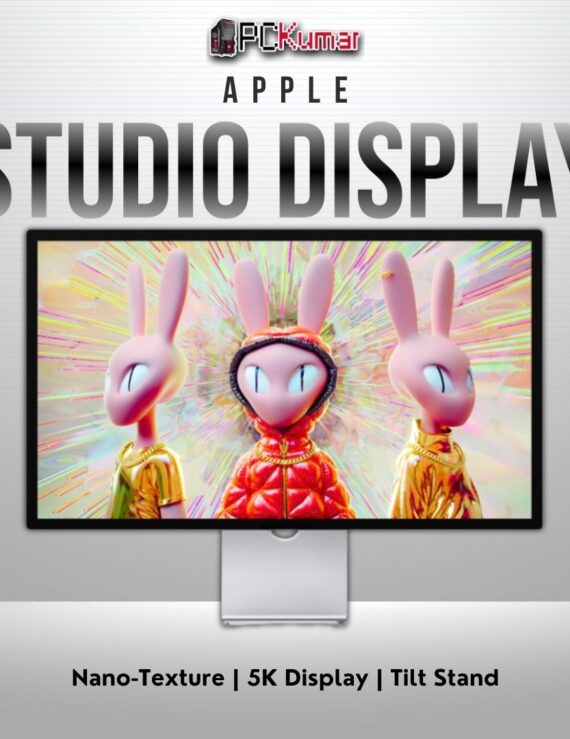 Nano-texture Apple Studio Display, tilt-adjustable stand, 27-inch 5K panel with A13 chip.