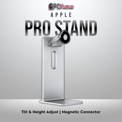 Apple Pro Stand for Pro Display XDR providing tilt, height, and rotation adjustability.