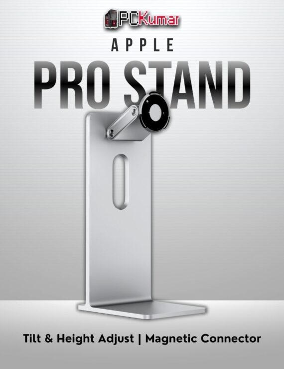 Apple Pro Stand for Pro Display XDR providing tilt, height, and rotation adjustability.