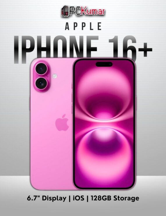 Pink iPhone 16 Plus, 128GB capacity, 6.7-inch display.