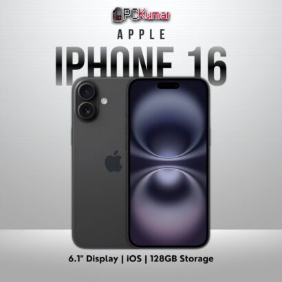 Black iPhone 16 with 128GB, 6.1-inch display, Apple iOS.
