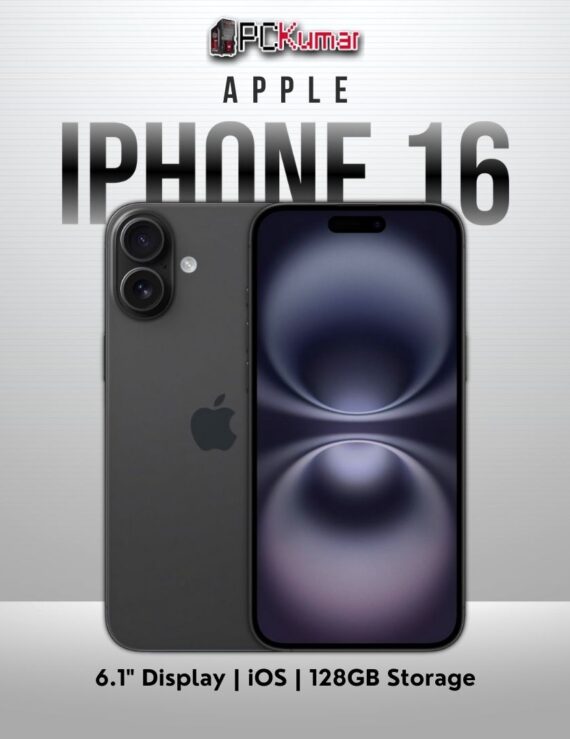 Black iPhone 16 with 128GB, 6.1-inch display, Apple iOS.