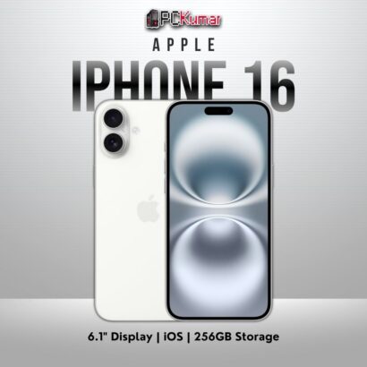 White iPhone 16 with 256GB storage, 6.1-inch display, and iOS.