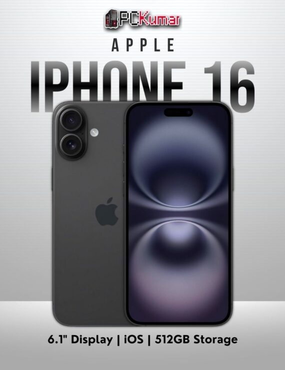 Black iPhone 16 with 512GB, a 6.1-inch screen, running iOS.