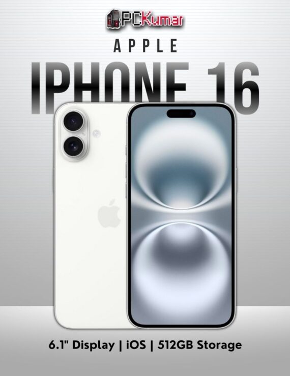White iPhone 16, 512GB, 6.1-inch display, Apple iOS environment.