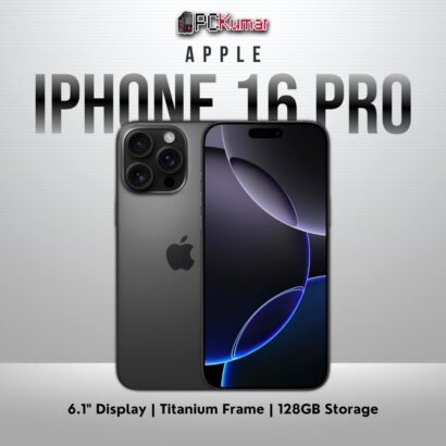Black Titanium iPhone 16 Pro with 128GB capacity, 6.1-inch Retina display.
