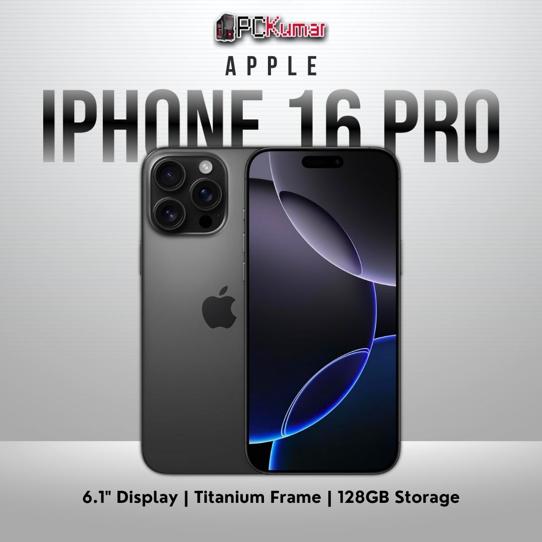 Black Titanium iPhone 16 Pro with 128GB capacity, 6.1-inch Retina display.