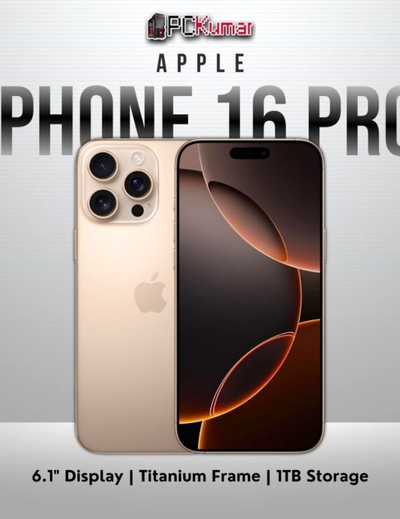 Desert Titanium iPhone 16 Pro featuring 1TB storage, 6.1-inch Retina display.