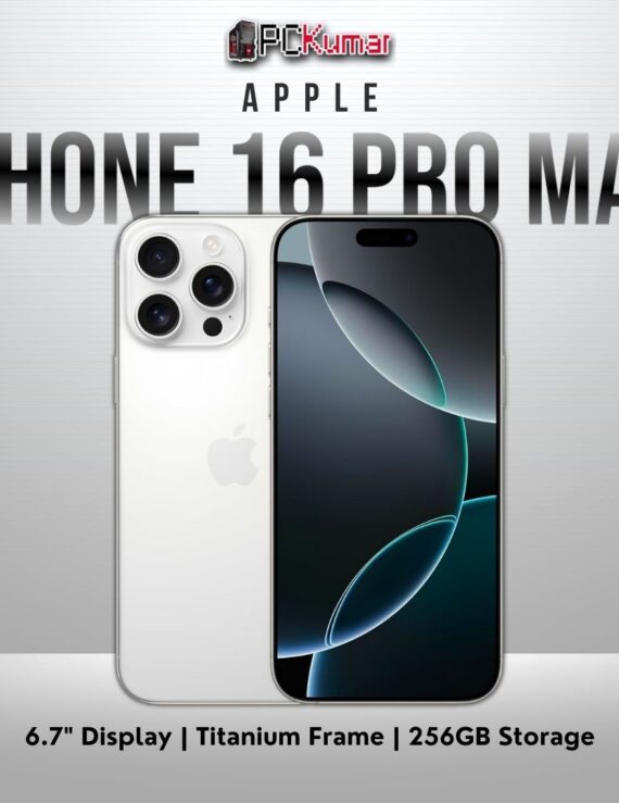 iPhone 16 Pro Max 256GB in White Titanium with a 6.7-inch Super Retina XDR display.