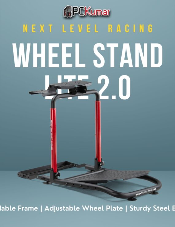 Next Level Racing Wheel Stand Lite 2.0 (NLR-S040) showing adjustable wheel mount and pedal platform in a compact form