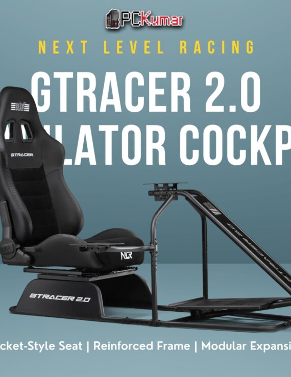 Next Level Racing GTRacer 2.0 Simulator Cockpit (NLR-R007) showcasing a robust full-cockpit with adjustable seat and wheel mount.