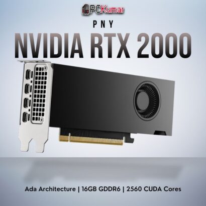 PNY NVIDIA RTX 2000 Ada 16GB GPU featuring Ada Lovelace cores, single-slot design, and four DP 1.4a outputs.