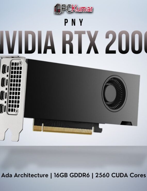 PNY NVIDIA RTX 2000 Ada 16GB GPU featuring Ada Lovelace cores, single-slot design, and four DP 1.4a outputs.