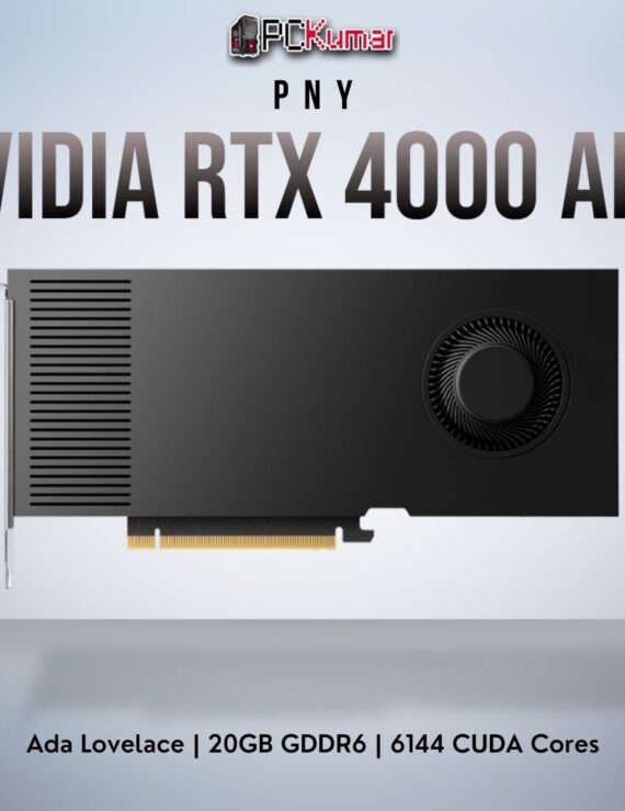 PNY NVIDIA RTX 4000 Ada 20GB card delivering advanced AI/ray tracing via Ada architecture in a single-slot form factor.