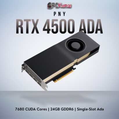 PNY NVIDIA RTX 4500 Ada 24GB GPU featuring advanced ray tracing, single-slot design, and 7680 CUDA cores.