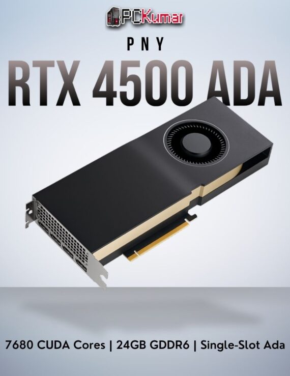 PNY NVIDIA RTX 4500 Ada 24GB GPU featuring advanced ray tracing, single-slot design, and 7680 CUDA cores.