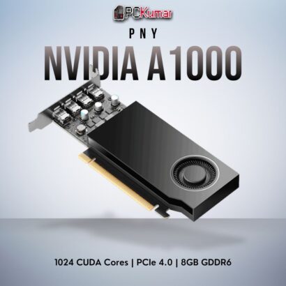 PNY NVIDIA A1000 8GB professional card with 1024 CUDA cores, 4 Mini DP outputs, and PCIe 4.0 support.