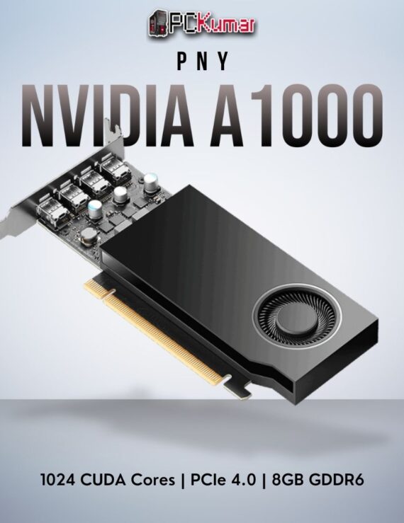 PNY NVIDIA A1000 8GB professional card with 1024 CUDA cores, 4 Mini DP outputs, and PCIe 4.0 support.