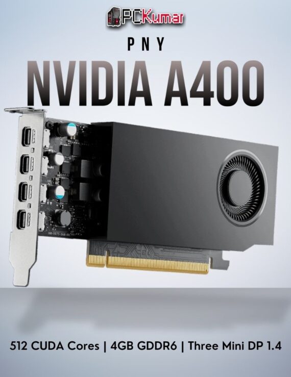 PNY NVIDIA A400 4GB card with 512 CUDA cores and three Mini DisplayPort outputs for professional 2D/3D tasks