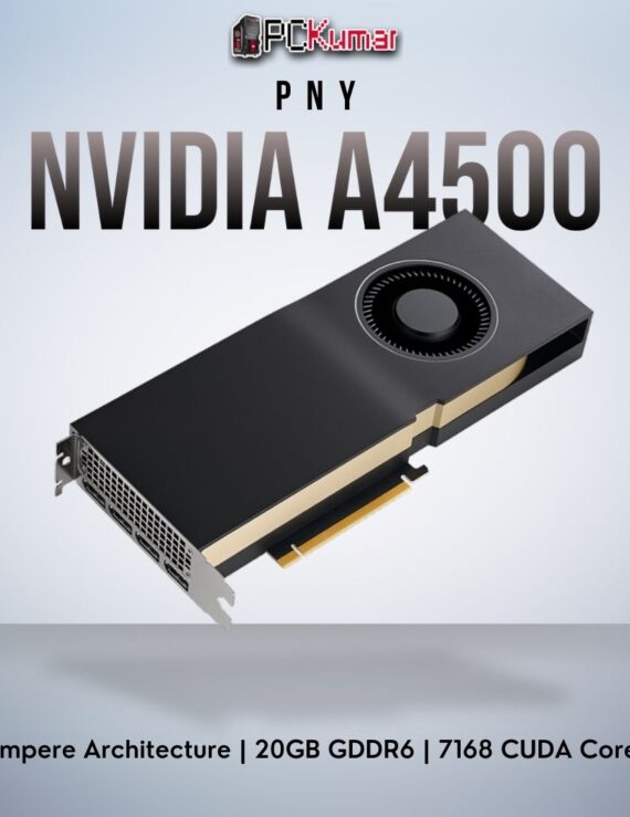 PNY NVIDIA A4500 GPU with 20GB GDDR6, dual-slot Ampere-based performance for pro design and rendering.