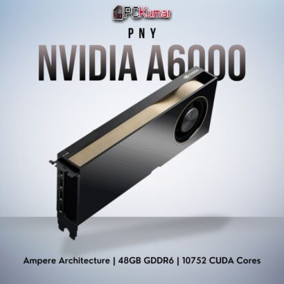 PNY NVIDIA A6000 GPU featuring 48GB of GDDR6, Ampere cores, and four DP outputs for maximum rendering power.