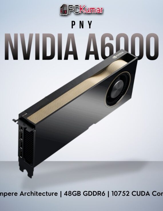 PNY NVIDIA A6000 GPU featuring 48GB of GDDR6, Ampere cores, and four DP outputs for maximum rendering power.