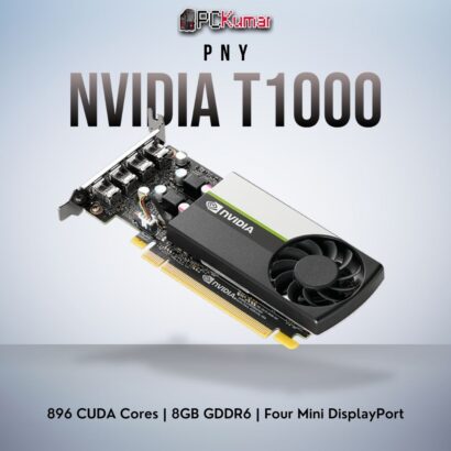 PNY NVIDIA T1000 8GB GPU offering enhanced mid-range performance, featuring four Mini DisplayPort connectors.