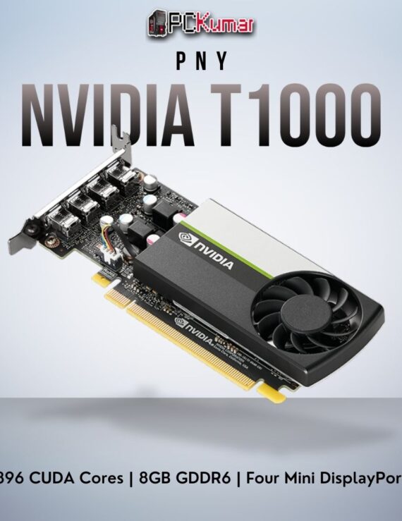 PNY NVIDIA T1000 8GB GPU offering enhanced mid-range performance, featuring four Mini DisplayPort connectors.