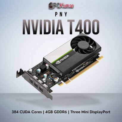 PNY NVIDIA T400 4GB GPU featuring 384 CUDA cores and three Mini DisplayPort outputs in a low-profile form factor.