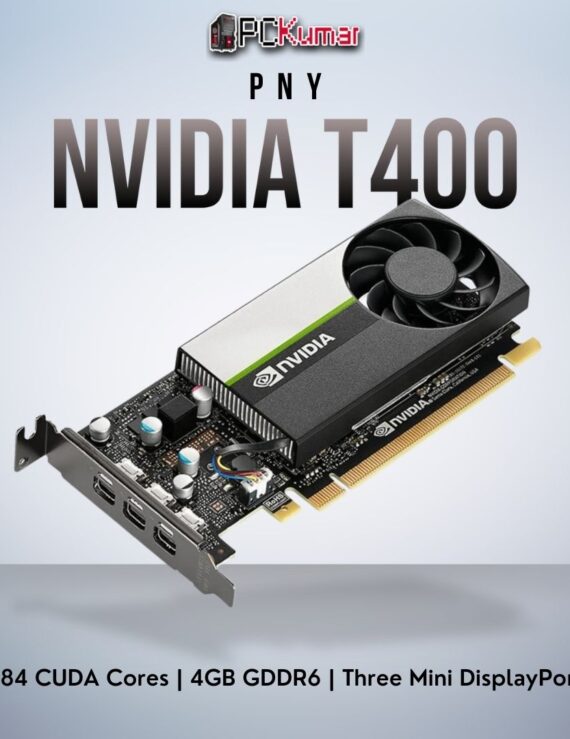 PNY NVIDIA T400 4GB GPU featuring 384 CUDA cores and three Mini DisplayPort outputs in a low-profile form factor.